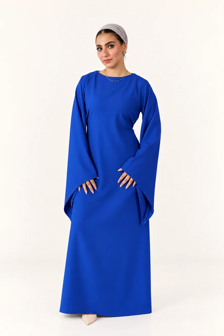 Cobalt blue bell-sleeve modest Fall maxi dress